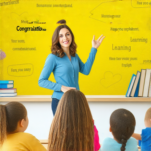 學習各種恭喜的英文，外籍老師指導，展現歡樂氛圍，書本和學習工具擺放整齊，探索英語學習的世界，提升語言能力的最佳時機。