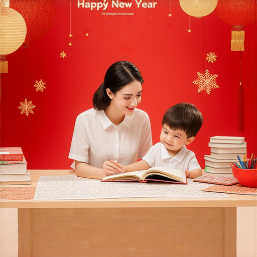 恭賀新禧的祝賀字樣，搭配一位外籍老師與學生互動的場景，展現一對一英語教學的氛圍，強調輕鬆有趣的學習體驗，促進語言能力的提升。