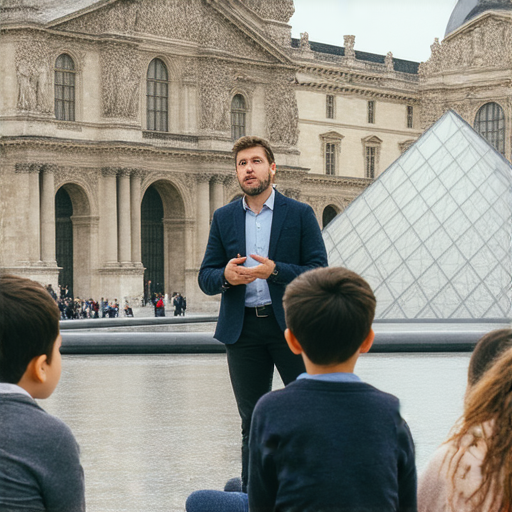 外籍英文老師在羅浮宮前介紹羅勒藝術，背景為壯麗的博物館建築，學生們聚精會神地聆聽，探索藝術的魅力，感受文化的融合。
