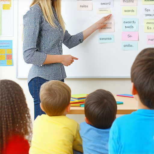 外籍老師與學生互動，探索S字頭單字的秘密，提升英文水平，讓學習者在語言學習中脫穎而出，畫面中有單字卡和教學工具。