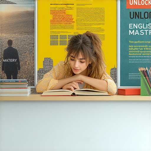 一位外籍老師與學生進行一對一英語課程，背景為電影海報，展示學習英語的多樣性，標題為Unlock English Mastery，強調從電影到學分的學習體驗。