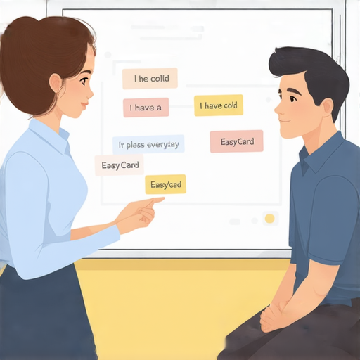 外籍老師一對一教學場景，學員輕鬆學習英文日常用語如患上和悠遊卡，提升語言能力，增強日常對話技巧，隨時體驗最佳學習效果。