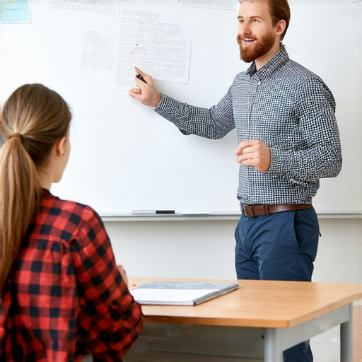 一位外籍老師在教室內與學生一對一進行職場英文教學，學生專心學習，提升溝通技巧，背景有白板和教材，顯示專業學習環境。