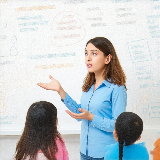 外籍英文老師指導學生學習通關密語，背景展示與傷風、傻大姐及傾盆大雨主題相關的插圖，強調學習英語的重要性及趣味性，激發學習興趣。