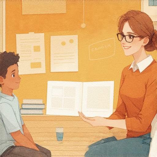 一位外籍英文教師正在輔導學生，展現一對一教學的互動交流，背景有學習資料，彰顯提升學業成績的秘密武器，吸引學生探索英文學習的魔力。