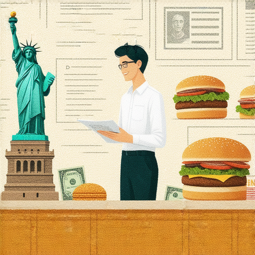 一位外籍老師與學生進行一對一交流，探索美國的美食和國債話題，背景展示美國地標和文化元素，強調學習與探索的樂趣。