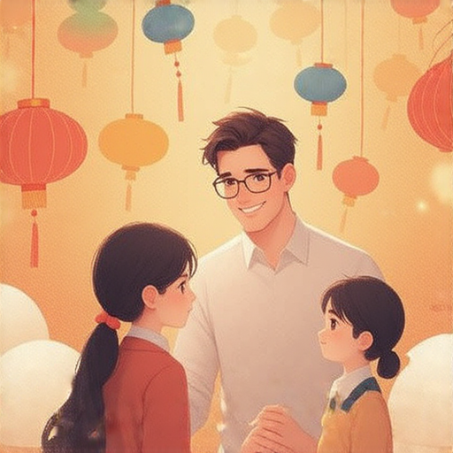 一位外籍英文老師與學生互動，教學元宵節相關單詞，背景中有元宵和燈籠，彰顯元宵節的快樂與文化，體驗一對一英語學習的樂趣和知識。