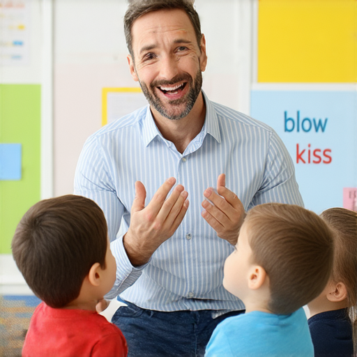 外籍老師教授學習「吹、吻」的英文單字與用法，圖片展示老師與學生進行互動，專注於發音與句型練習，提升語言能力，立即探索學習的樂趣。