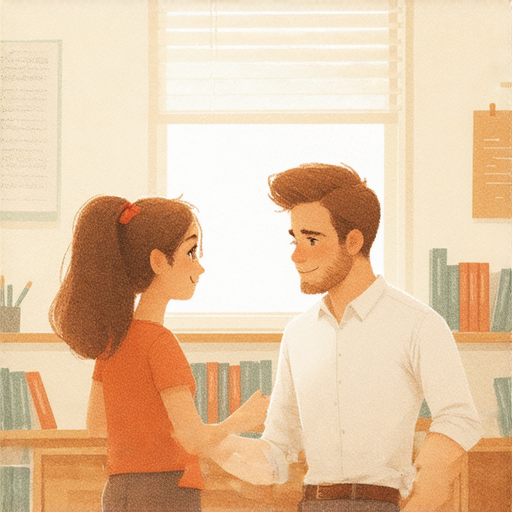 一位專業外籍英文老師與學生一對一互動，幫助學生深入理解英文意義與表達，背景為教室環境，象徵個別化學習與語言精髓的解鎖。