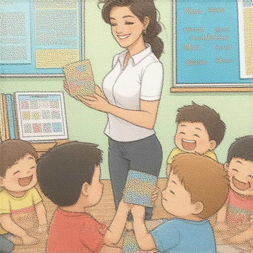 外籍老師與學生們圍繞著流感與鮮魚的主題進行互動學習，教室中充滿趣味和歡笑，展現輕鬆學習英文的環境。