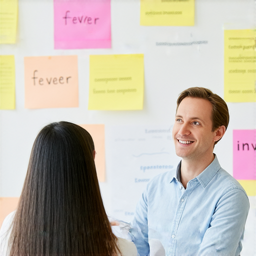 外籍老師一對一教學場景，學生專注學習英文，背景展示「發燒」到「發票」的課程主題，強調探索精彩課程的機會，適合希望提升英文能力的學習者。