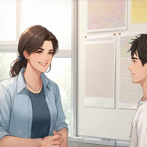 外籍英文老師與學生一對一交流，背景為教室環境。促進探索愛的多樣面貌，開啟無限可能的溝通及學習機會。