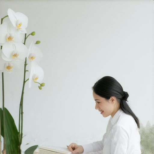 探索白色世界的圖片，包括白蘭花的優雅美態，外籍老師進行一對一的教學場景，學員在學習中專注的神情，象徵著多元文化與知識的交流。