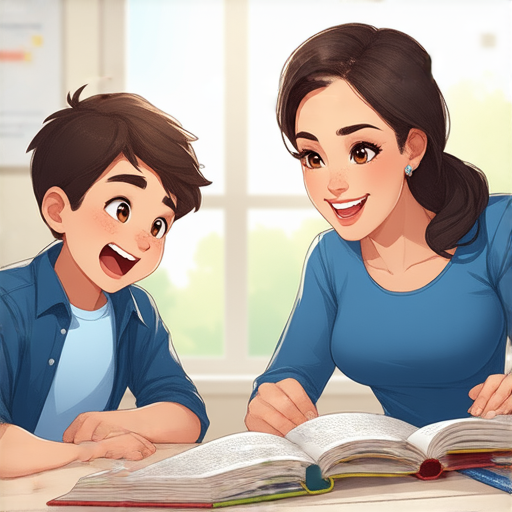 一位學生與外籍老師一對一學習英語，情境中包含表達從呵欠到呼吸急促的多元技巧，展現語言能力提升的過程與互動。