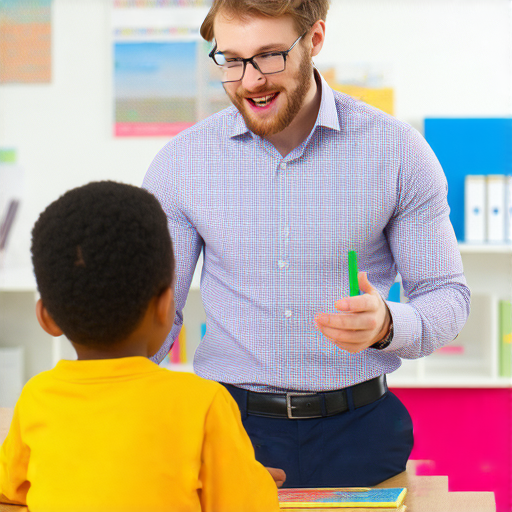 一位外籍英文老師在教室裡與學生進行一對一的英語教學，背景展示流行的英文學習資源，呼應流線型到流行的主題，展現英語學習的魅力与互動性。