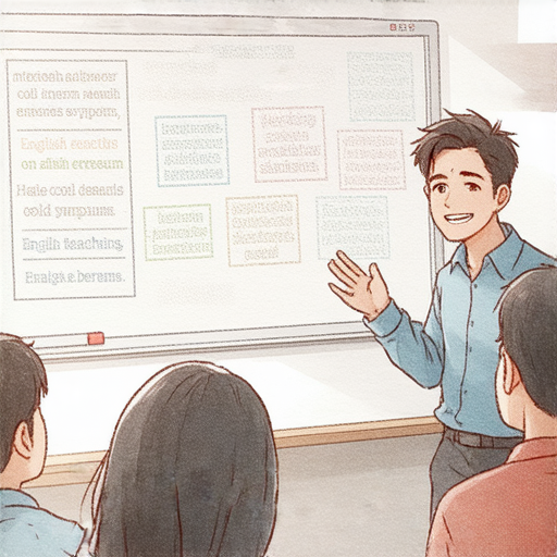 外籍老師在教室中與學生互動，專業教學幫助學生擺脫感冒困擾，探索英文學習之道，提升流利對話能力，營造輕鬆學習環境。