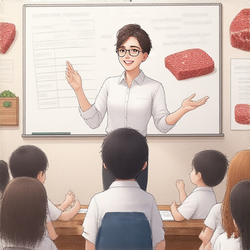 外籍老師在班級中教授學生流利英文，背景是和牛與和諧的主題，學生們積極參與，體驗課程的樂趣，快來加入免費體驗課程，提升英文能力，了解和牛文化。