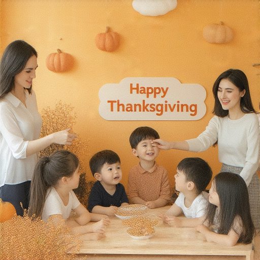 感恩節快樂的字樣與外籍老師互動的場景，學習用英文表達感謝的技巧，展現流利交流的學習氛圍，傳遞感恩與交流的重要性。