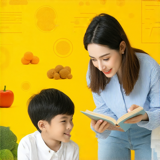 一位外籍老師與學生進行一對一英文學習，背景展示增強免疫力的概念，包含健康食品，免疫治療的相關圖示，強調學習與健康的聯繫。