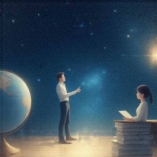 探索星座奧秘的圖片，展示外籍老師與學生進行一對一英文教學的場景，激發學習興趣，啟動您的學習之旅，提升英語能力，了解星座知識。