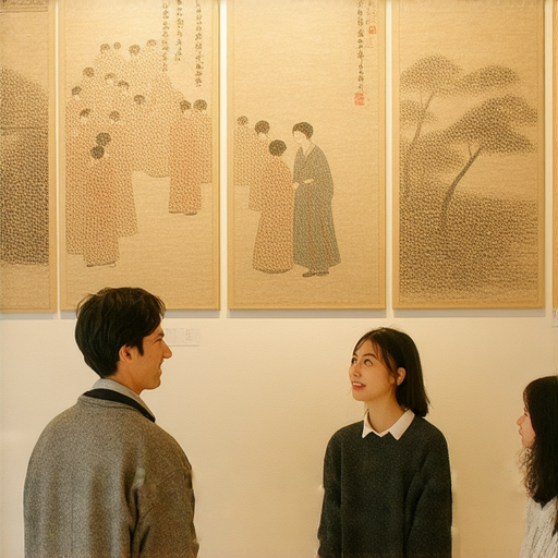 一位外籍老師與學生在教室中探討浮世繪的藝術魅力，壁上掛著浮世繪作品，兩人專注交流，透過一對一教學體驗開啟藝術之旅。