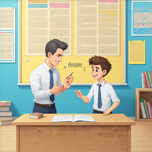 外籍老師與學生一對一學習英文的場景，展示課堂互動，強調一天一課的學習方式，幫助學生破解誤會與難處，探索有效的英文學習之旅。