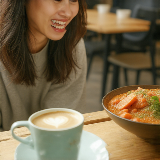 外籍老師與學生在咖啡店內互動學習，桌上放著咖啡和咖喱，背景環境舒適，展示一對一英語教學的場景，邀請大家體驗流利英文學習。