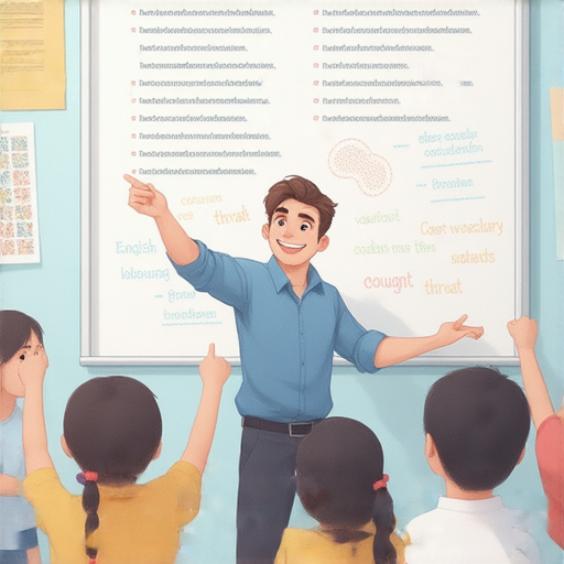 外籍老師授課畫面，教授咳嗽和咽喉炎相關英文詞彙，課堂上學生積極參與，學習英文健康相關知識，提升語言能力。