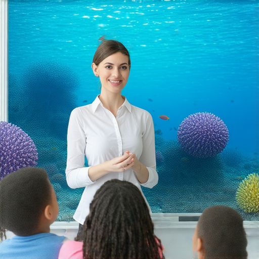 一名外籍老師正在授課，學生透過互動學習海膽相關英文知識，背景展示海洋生物，表達探索海洋奧秘的主題，鼓勵報名一對一課程。