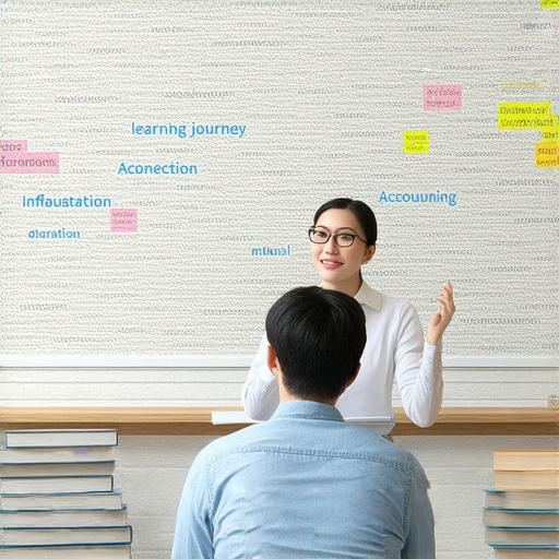 一外籍老師與學生進行一對一教學，背景展示會計術語，象徵從一見鍾情到一視同仁的學習旅程，強調專業知識與文化交流。