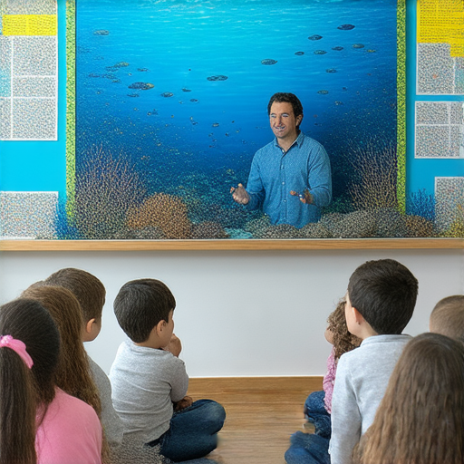 外籍老師帶領學生探索海洋奇觀的課堂情景，學習英文的過程中包含海外婚禮和海市蜃樓的主題，學生們專注且互動性強。