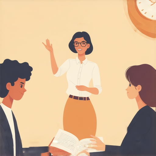 外籍老師一對一授課，教學英語流利技巧，背景為時鐘和時尚服裝，象徵時間管理與生活品味的藝術，吸引學生探索學習機會。