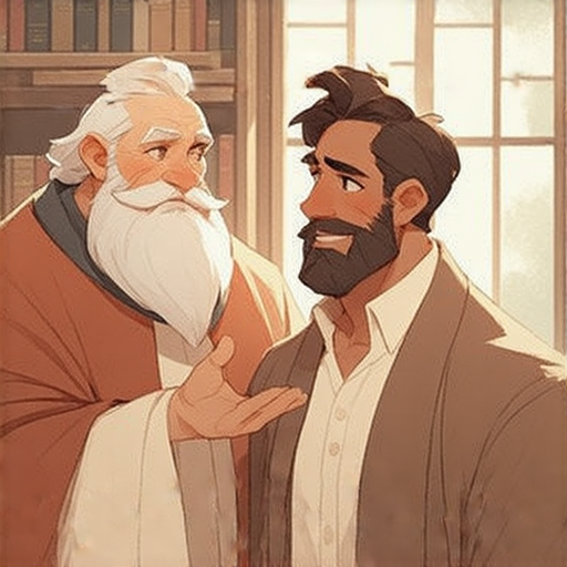 一位哲學家與外籍英文老師站在一起，分享面對困難的智慧，鼓勵人們在哭泣後重拾勇氣，展現信心與毅力，尋找解決方法的過程。