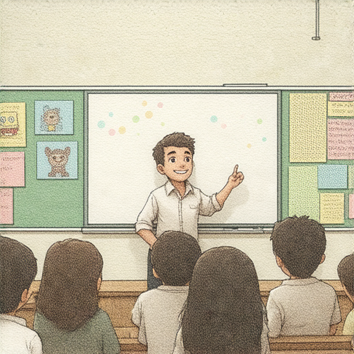 外籍英文老師在課堂上與學生互動，牆上貼有海犬、海盜及海綿寶寶的圖片，展現活潑有趣的英語教學主題，學生們聚精會神地參與學習。