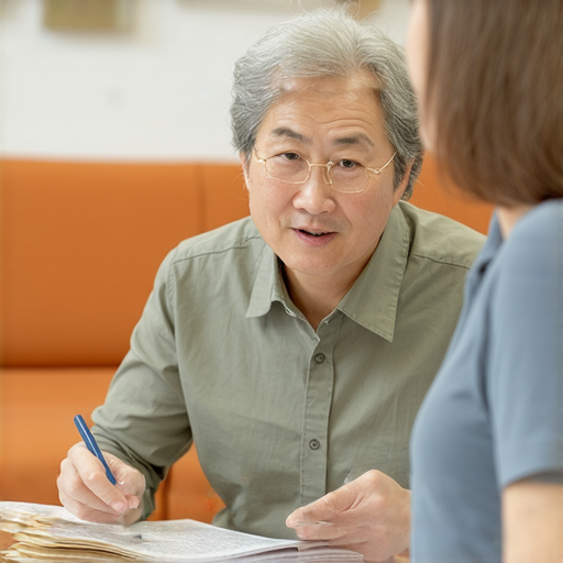 一位專業外籍老師正與學生一對一交流，主題為家務和家庭醫生的英語，教學環境輕鬆，適合增強家庭主婦的英語能力。