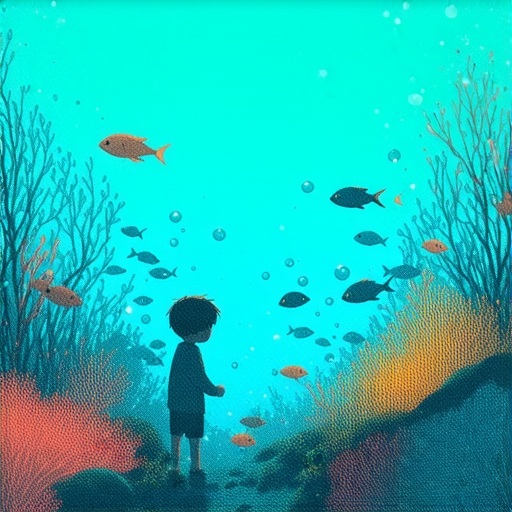 探索海洋奇幻世界的圖片，展示多種海洋生物如魚類、珊瑚和海星，學生與外籍老師一對一學習海洋生物英文，氛圍活潑且富有教育性。