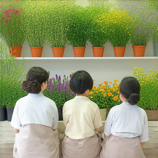 盂蘭節期間，外籍老師與學生在課堂上探索盆栽與傳統文化，展示英語教學的魅力，學生們專注討論，背景是色彩繽紛的盆栽，充滿學習氛圍。