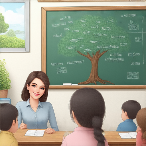 一位外籍老師在教室中指導學生學習英語詞彙，背景展示家鄉和家譜的概念，強調探索語言奧秘和一對一教學的重要性。