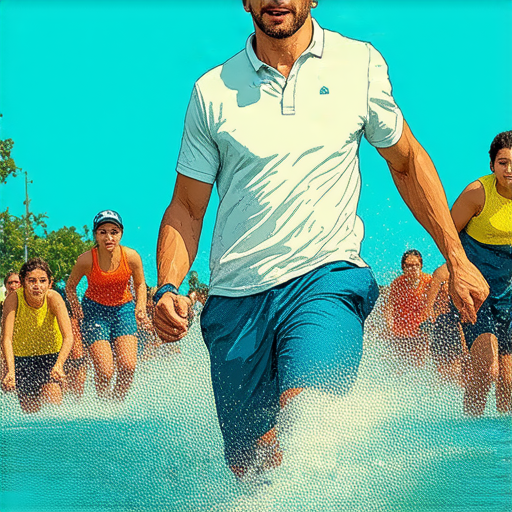 一位外籍老師在三項鐵人賽的訓練中教導學生，展示挑戰與樂趣，學生學習如何提升英文技能，場景富有活力與動感，鼓勵更多人加入這項運動。