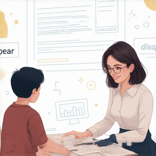 圖片顯示一位外籍老師與學生一對一學習，主題是「消失」的英文表達，強調掌握英語的重要性，背景明亮，氣氛愉悅。