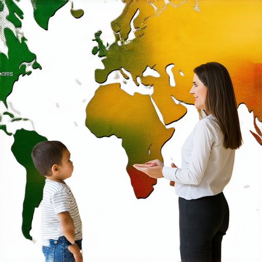 外籍英語教師與學生進行一對一教學，背景為世界地圖，強調掌握兩種語言帶來的全球機會，展示適合各種年齡層的英語學習服務。