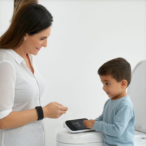 智能科技的課程圖片，展示外籍老師一對一指導學生使用智能手環和智能馬桶蓋，學習英文科技詞彙，探索智能產品的功能和應用。