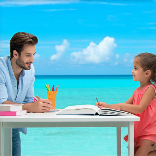 外籍老師一對一教學場景，學生積極參與英語學習，背景有海洋和度假元素，強調暑假英語學習的浪漫與樂趣，讓學習變得輕鬆有趣。