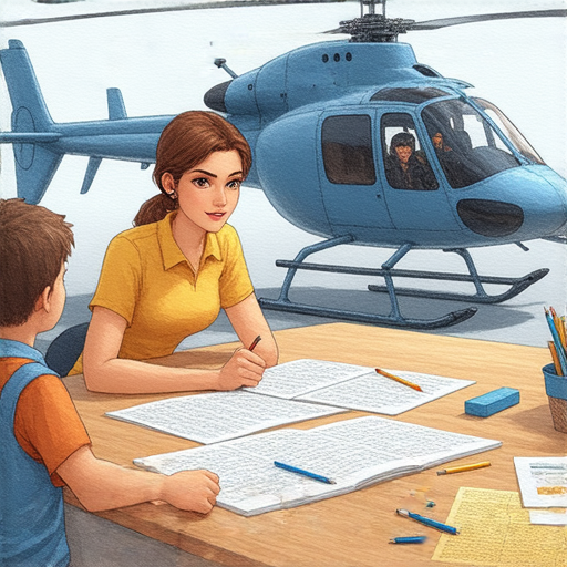 直升機飛行場景，外籍老師在指導學生學習英文，畫面充滿熱情與專注，強調一對一課程的互動性，讓學生探索直升機相關詞彙與知識，立即報名體驗。