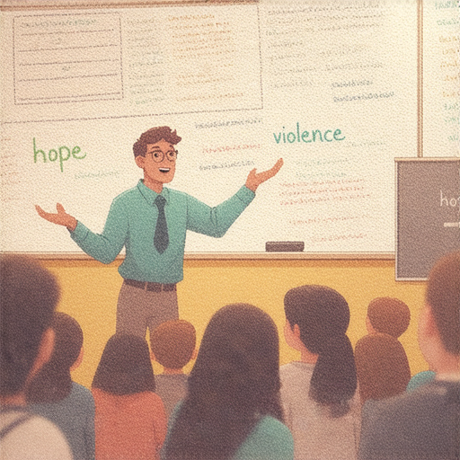 外籍老師在教室中與學生互動，探索英文詞彙中的暴行與曙光，透過生動的教學激發學生的學習興趣，揭開英語的神秘面紗，拓展語言理解力。