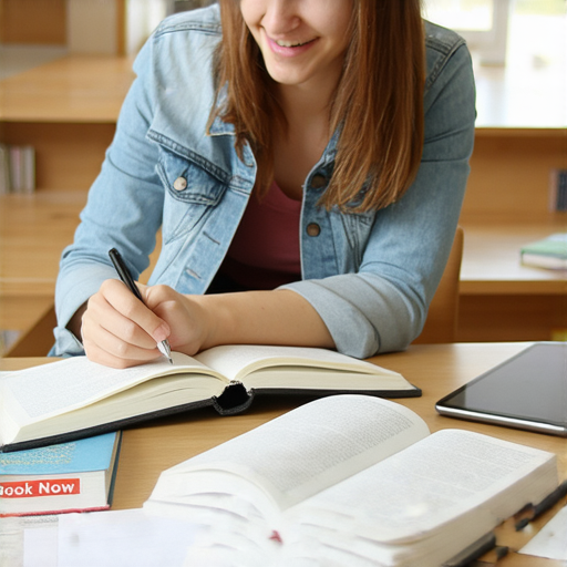 提升英文能力的廣告圖片，展示外籍老師一對一教學的場景，學生專心學習，課本和電子產品並用，強調曲面英文的重要性，吸引學習者立即預約。