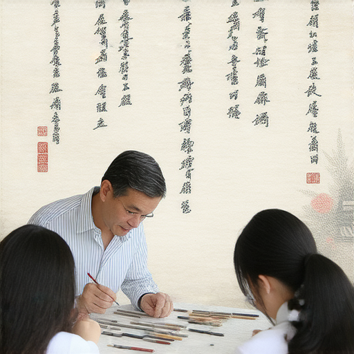 外籍英文老師在教導學生書法技巧，背景是一幅美麗的書法作品。學生專注練習，桌上擺著書法用具，展現探索書法之美的過程，提升書寫技巧。