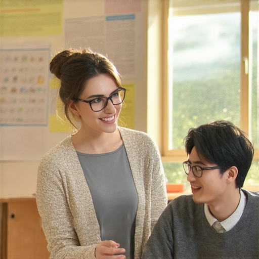 不婚主義主題的圖片，展示外籍老師與學生一對一學習英語場景，強調流利英語的重要性，吸引學習者探索新知與文化交流。