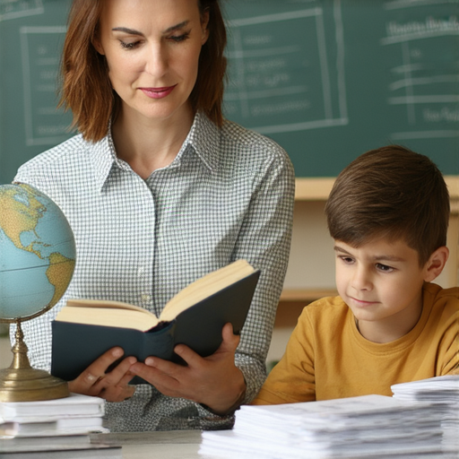 外籍老師一對一教學場景，學生專注聆聽，老師手持書本講解，桌上有學習材料，探索真理與知識的秘密，讓你掌握真知灼見。