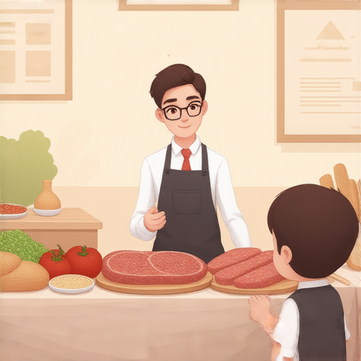 一位外籍老師正在教學生關於肉類的英文詞彙，學生專注聆聽並參與，一對一的教學環境增強學習效果，提升餐桌對話技巧，背景展示食材和餐桌，學習與美食相關的英語。